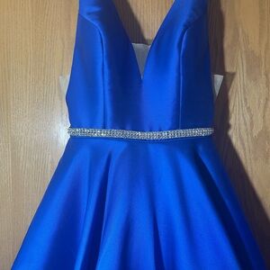 Elegant Blue Satin Dress with Rhinestone Belt